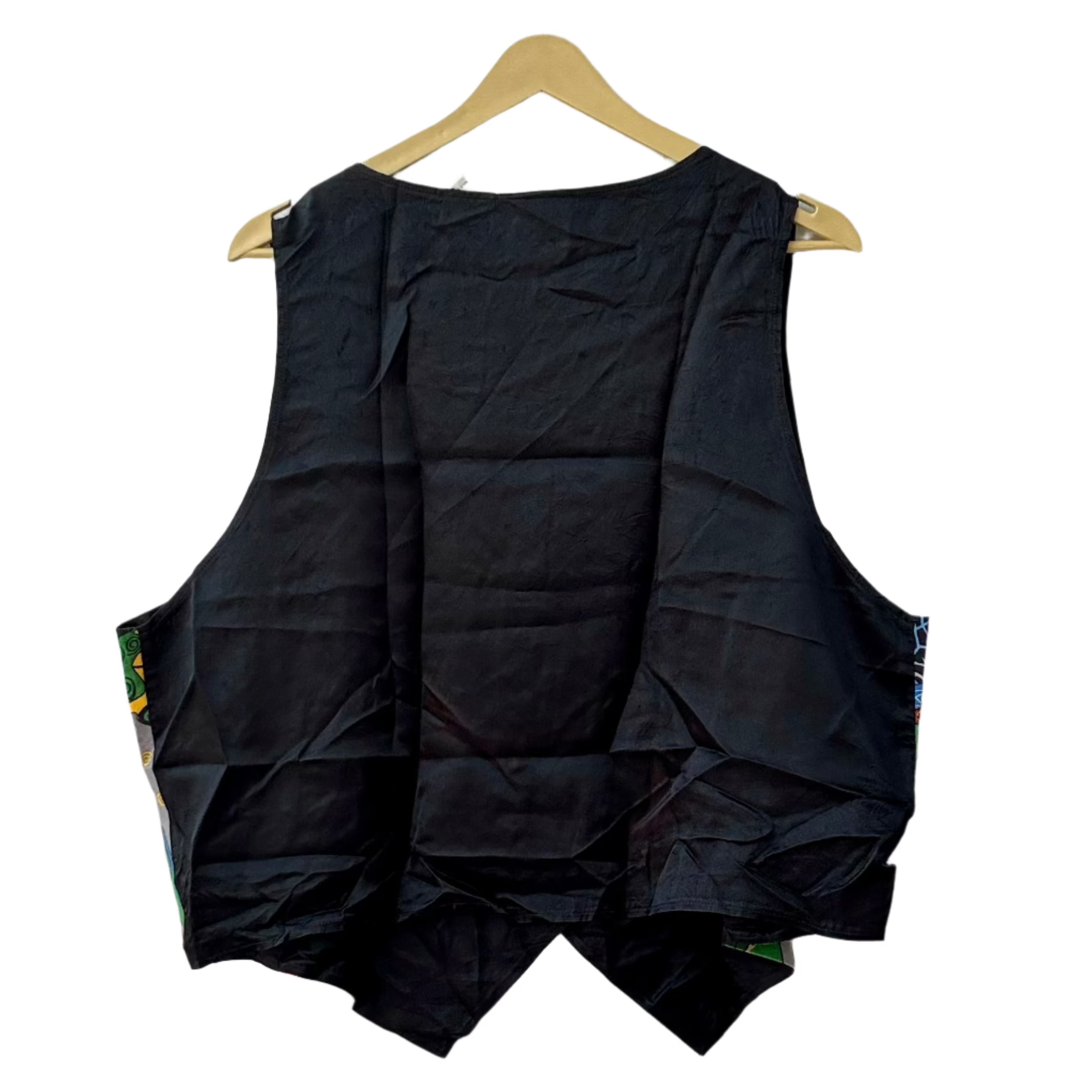 Stylera black sleeveless back view of halloween themed vest on a wooden hanger for costume use