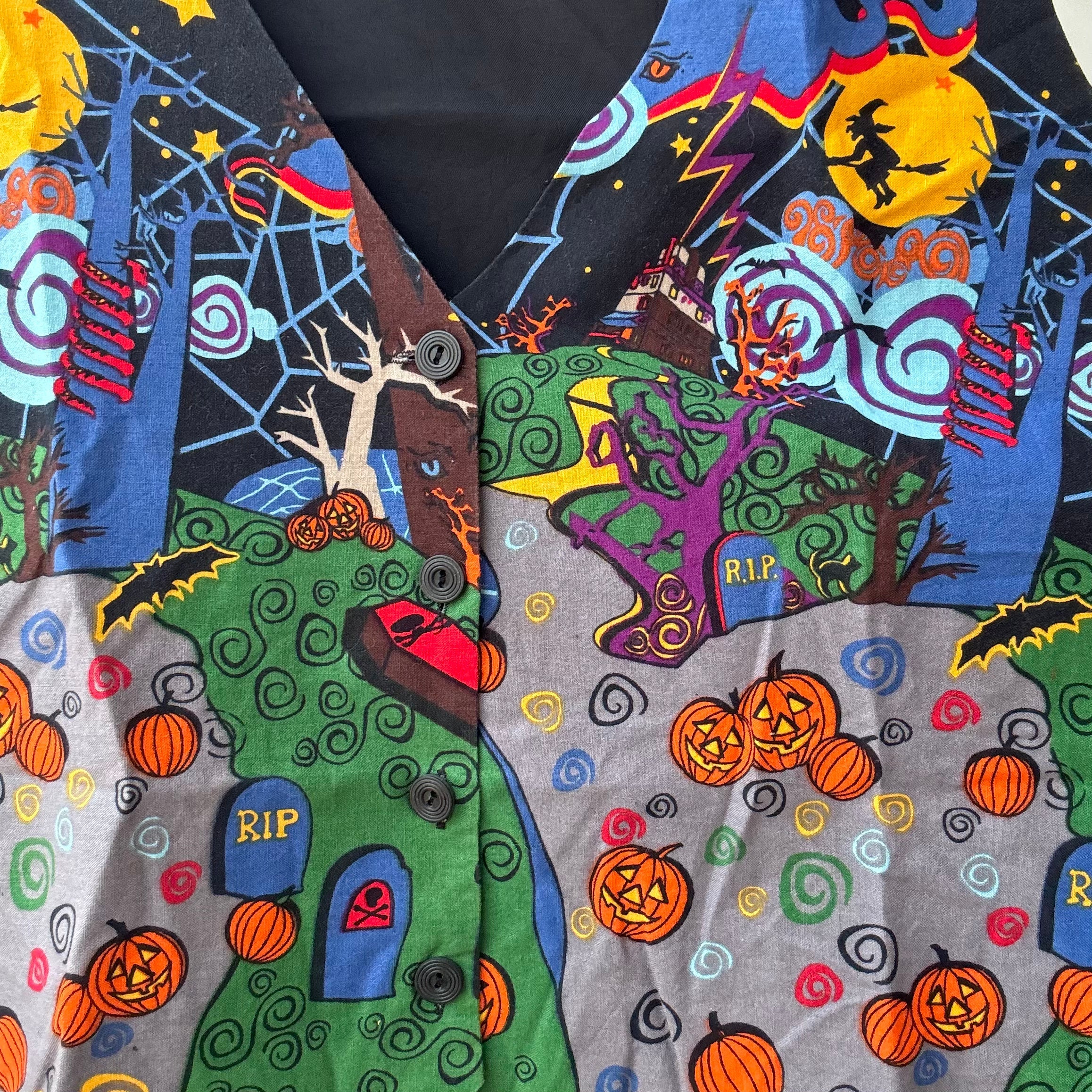 halloween themed vest with colorful pumpkins tombstones bats witch haunted house print and front buttons