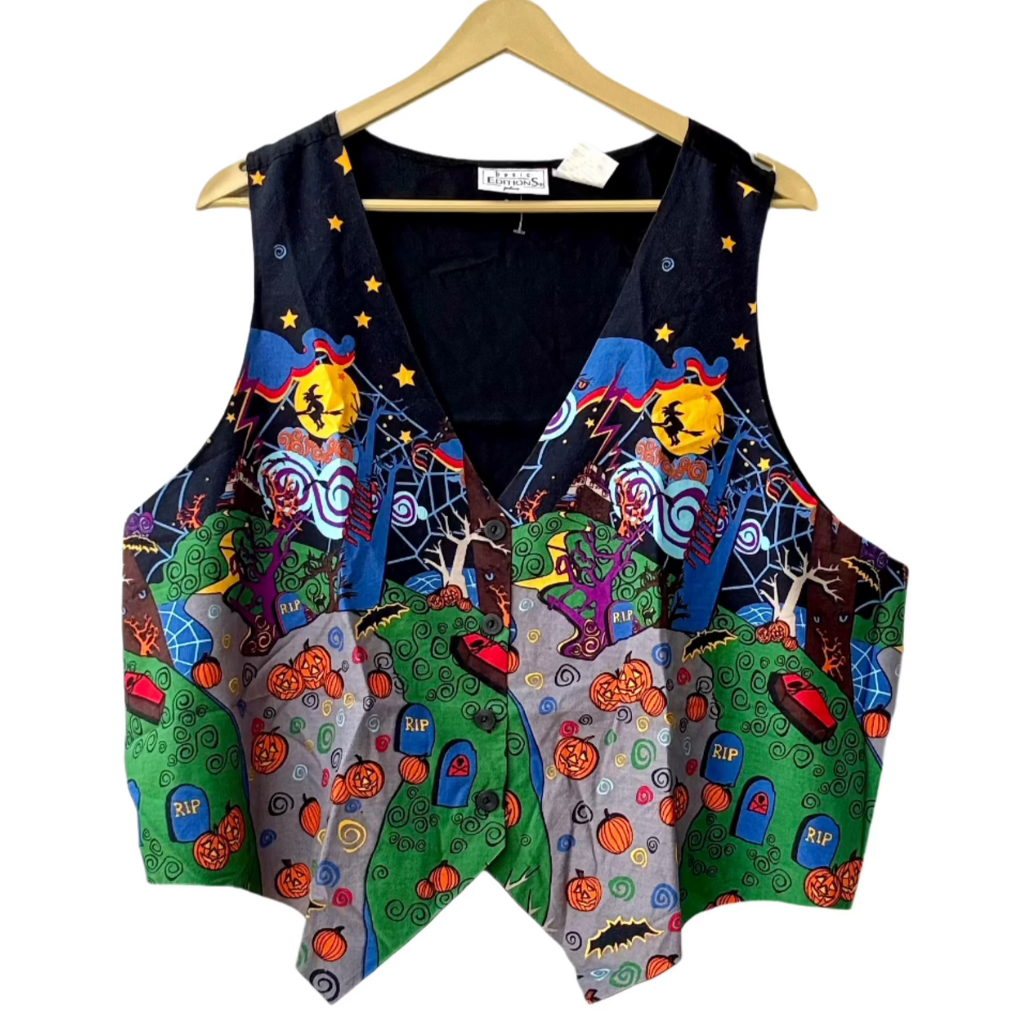 Stylera colorful spooky print halloween themed vest with pumpkins ghosts tombstones and bats