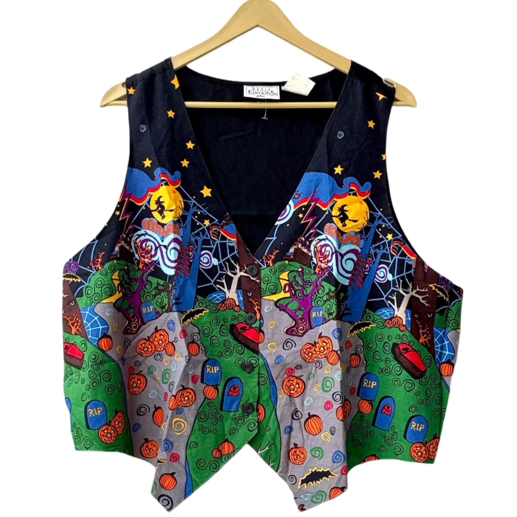 Stylera colorful spooky print halloween themed vest with pumpkins ghosts tombstones and bats