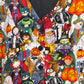 Halloween costume vest for adults featuring colorful cartoon Halloween characters pumpkins skeletons and black buttons