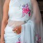 Elegant handcrafted saree with floral print in light blue, perfect for formal occasions or festive wear.