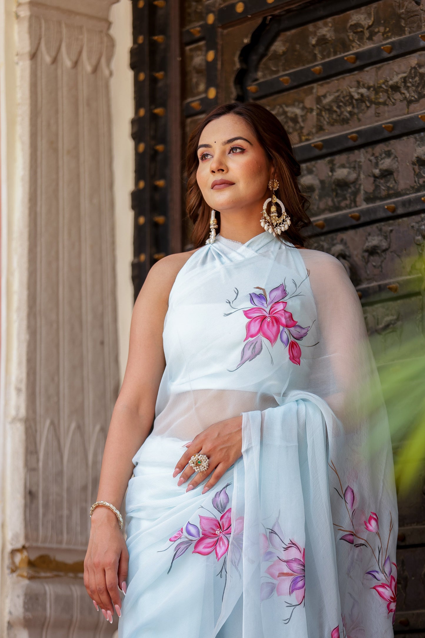 Elegant Stylera handcrafted saree with floral print in soft blue, styled with matching accessories