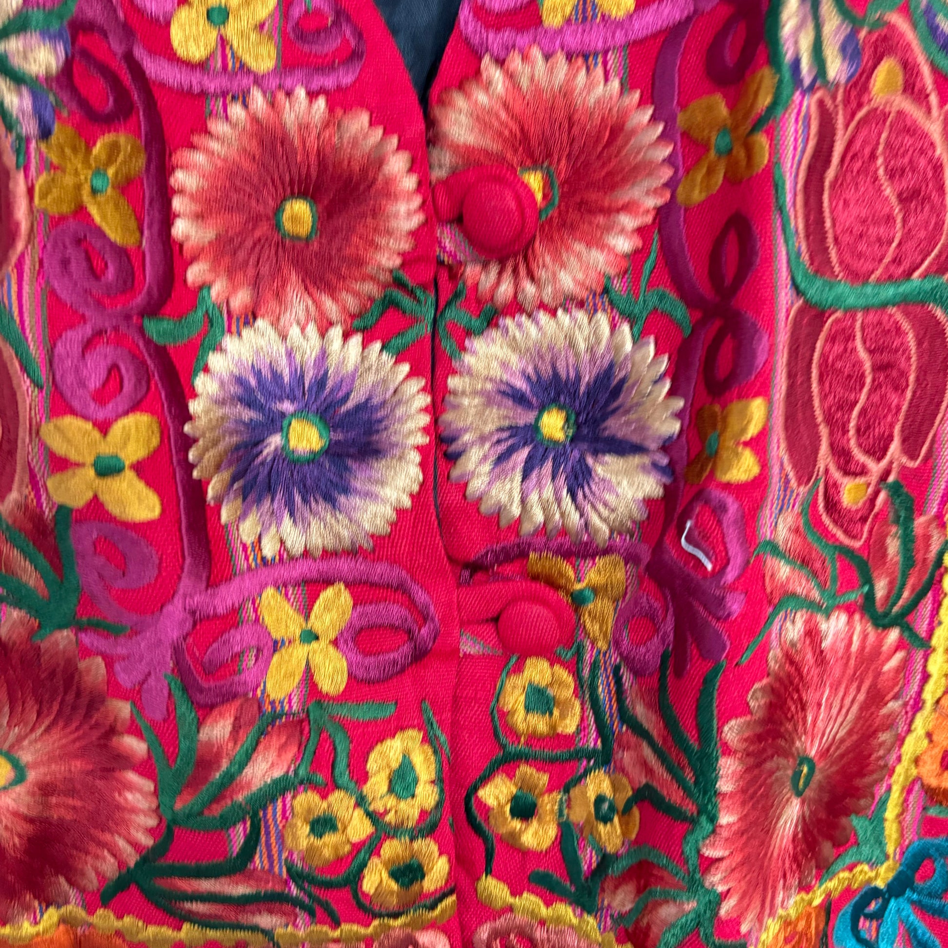 Stylera embroidered bright pink floral colorful festival fashion vest with button front and vibrant hand stitched details