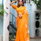 Elegant handpainted chiffon saree in vibrant orange with floral designs for festive occasions