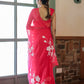 Elegant handpainted chiffon saree rani pink with floral designs for stylish occasions