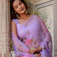 Elegant handpainted lavender chiffon saree with floral designs, perfect for special occasions