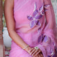 Elegant handpainted lavender chiffon saree with floral embroidery, perfect for festive occasions