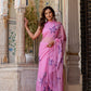 Elegant model showcasing a handpainted lavender chiffon saree with delicate floral designs