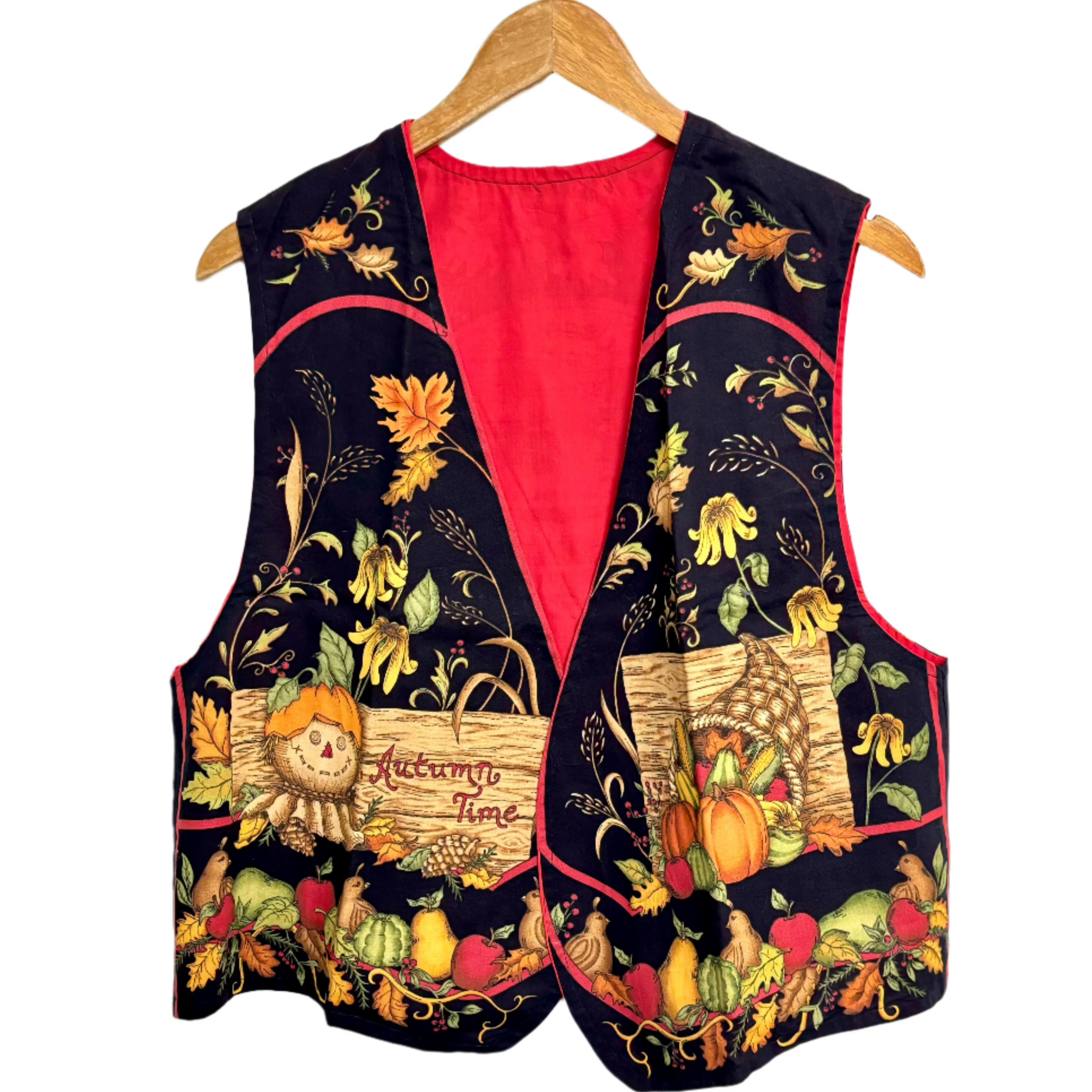 Stylera fall fashion statement vest black embroidered pumpkins scarecrow floral vines red lining for autumn