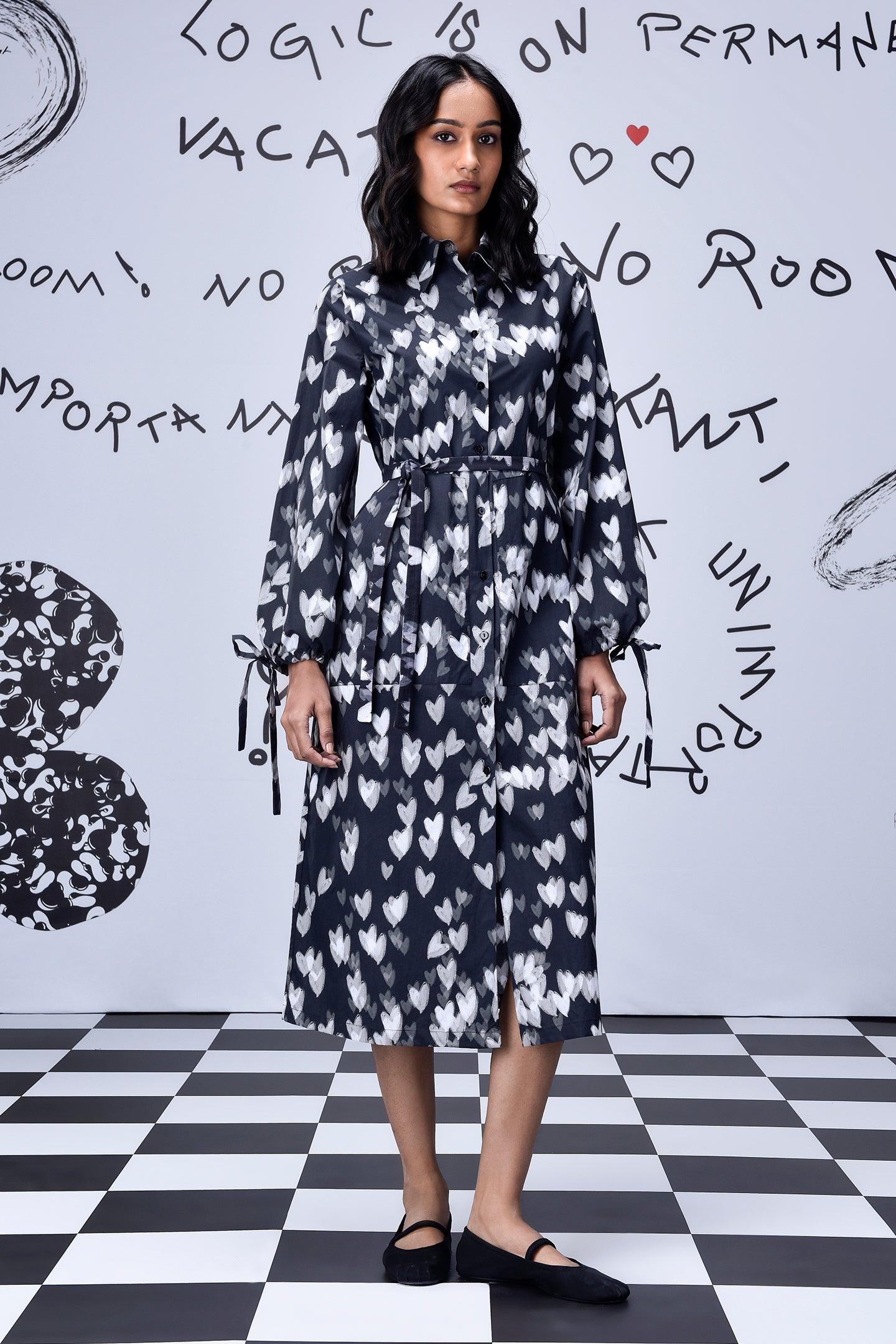 Stylera heart print black dress midi belted long sleeve shirt dress with white hearts
