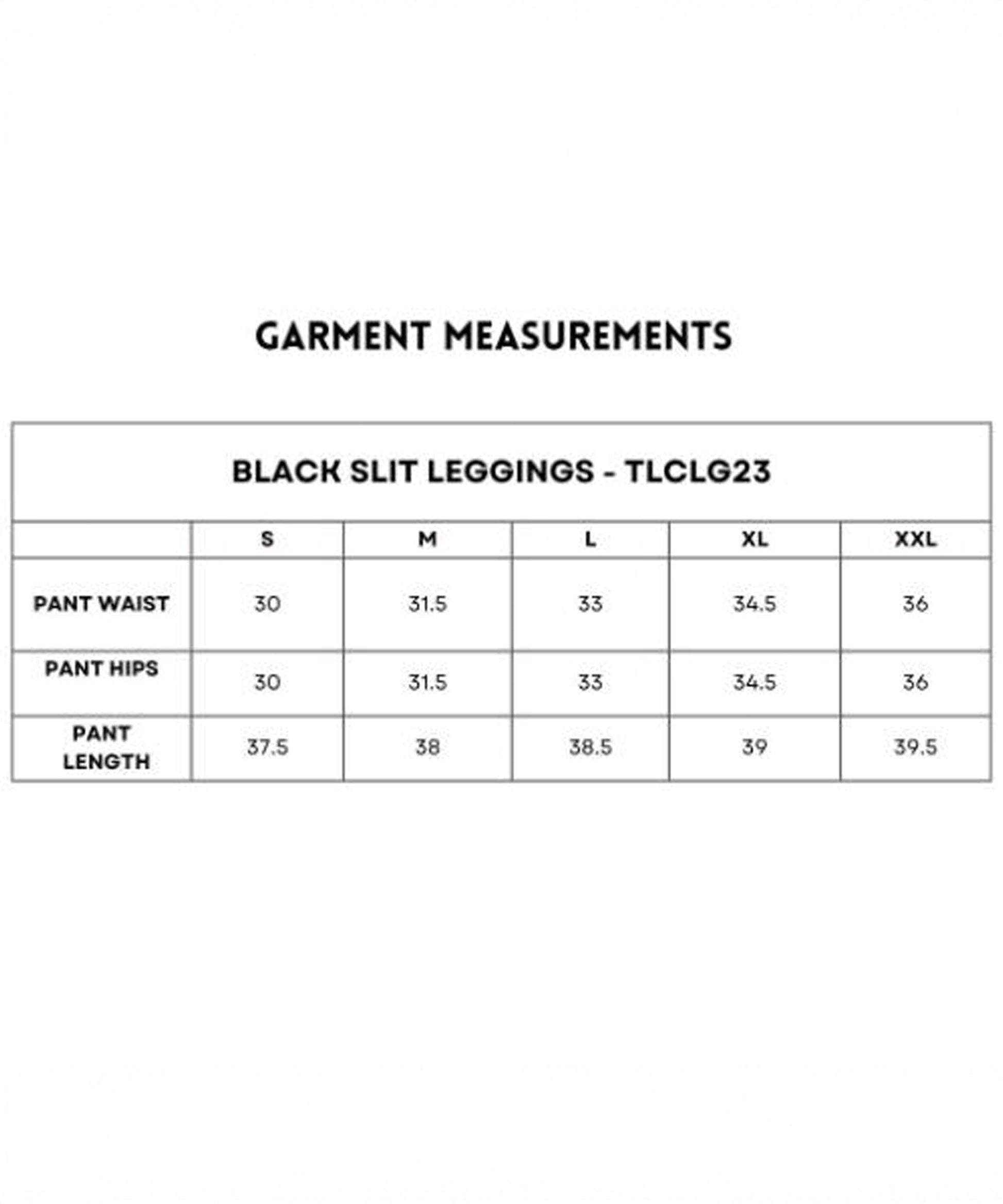Garment measurements for Black Slit Leggings by Stylera for women in sizes S to XXL