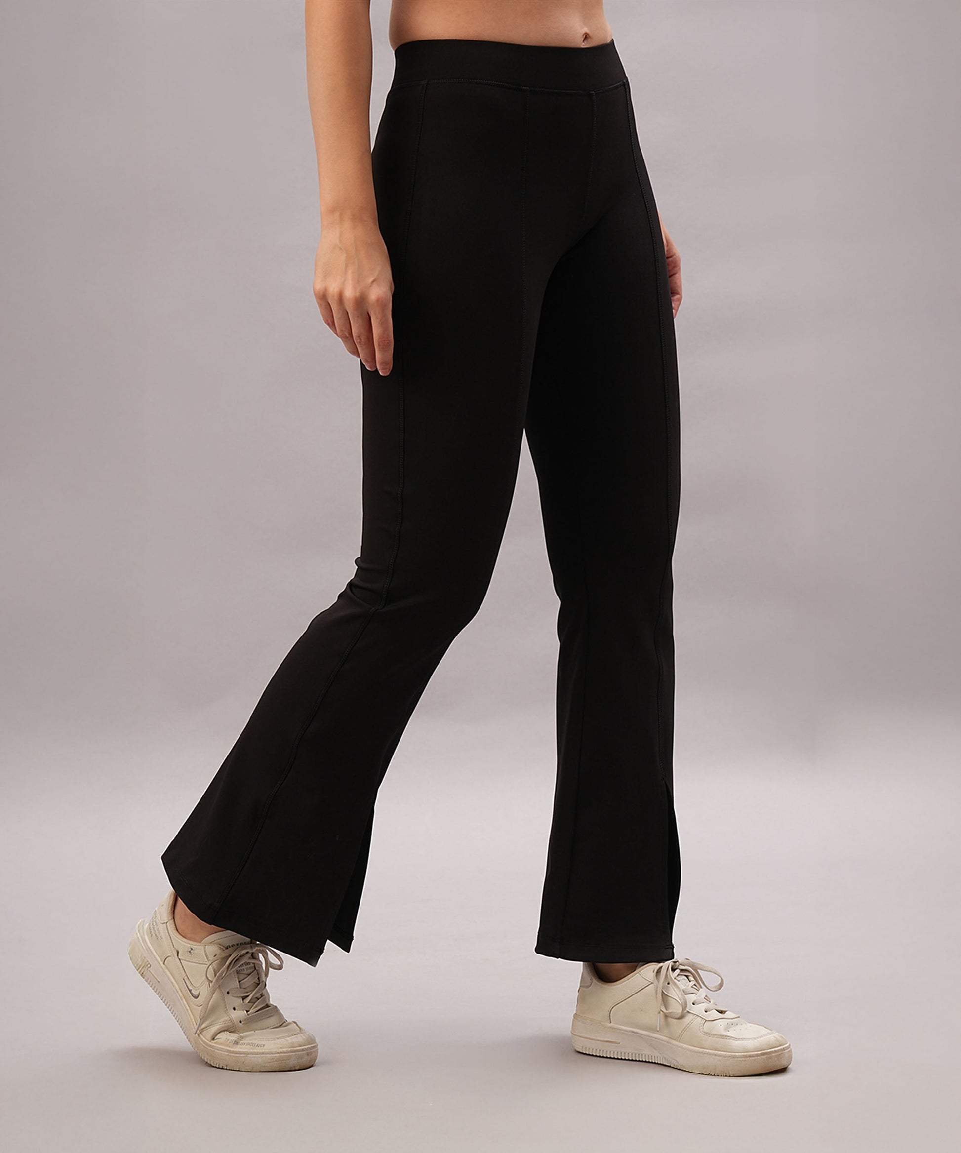 Stylera high waist black leggings for women with flared hem design and soft fabric