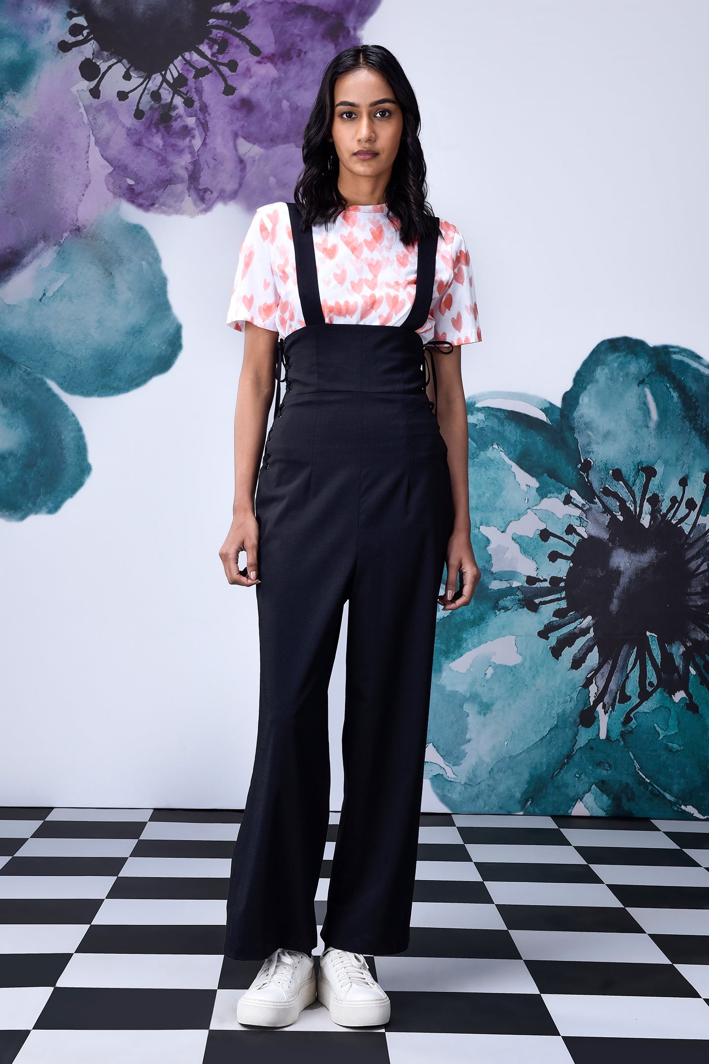 Stylera black dungaree with adjustable straps and side ties high waist lace up overalls