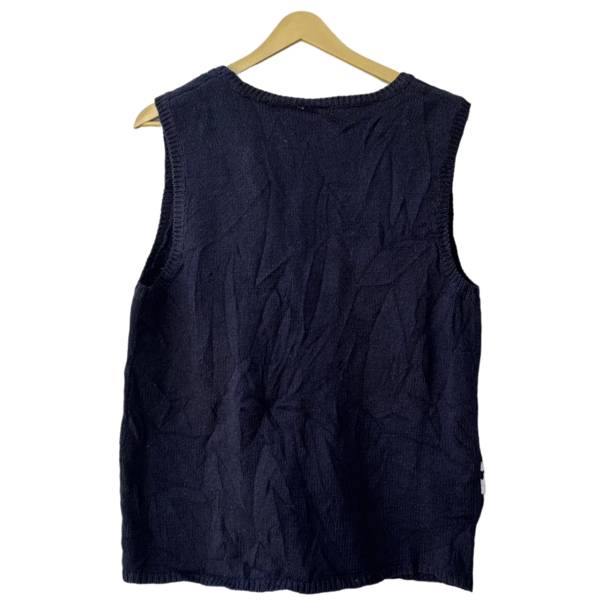 Stylera festive winter sweater vest for women navy knit sleeveless vest back view on hanger for holiday layering