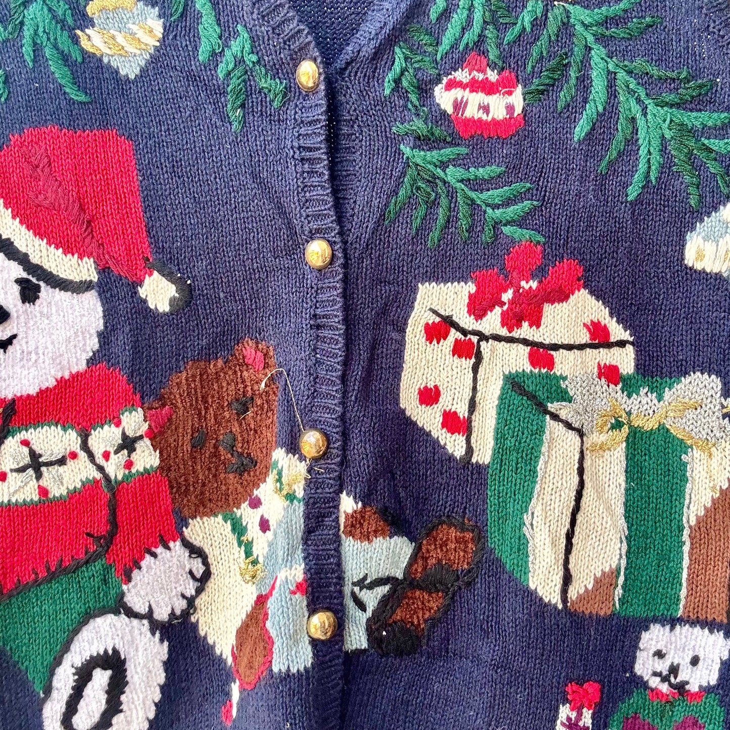 festive winter sweater vest for women navy knit button front with gold buttons holiday gifts and teddy bear