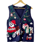 Navy knit festive winter sweater vest for women with Santa bear gifts ornaments and evergreen branches