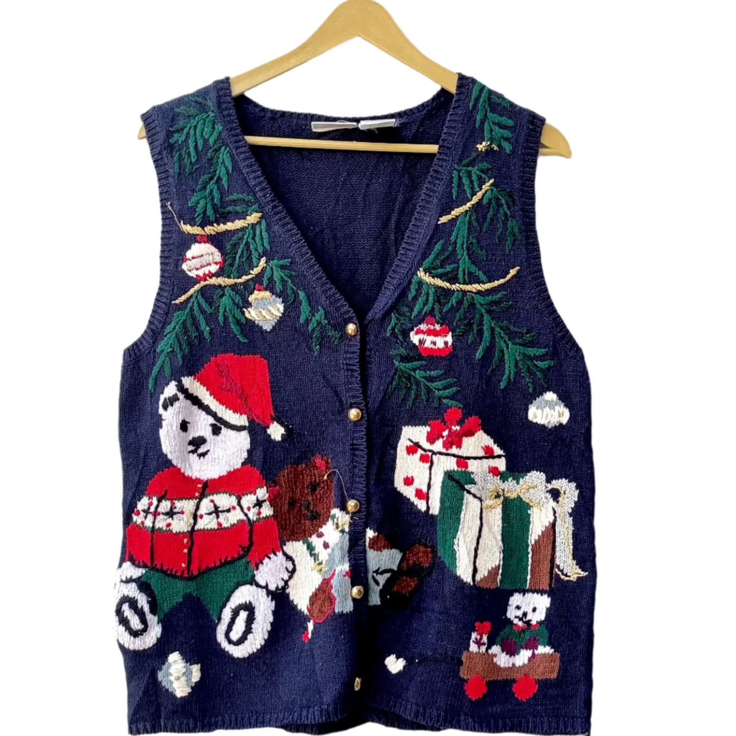 Navy knit festive winter sweater vest for women with Santa bear gifts ornaments and evergreen branches