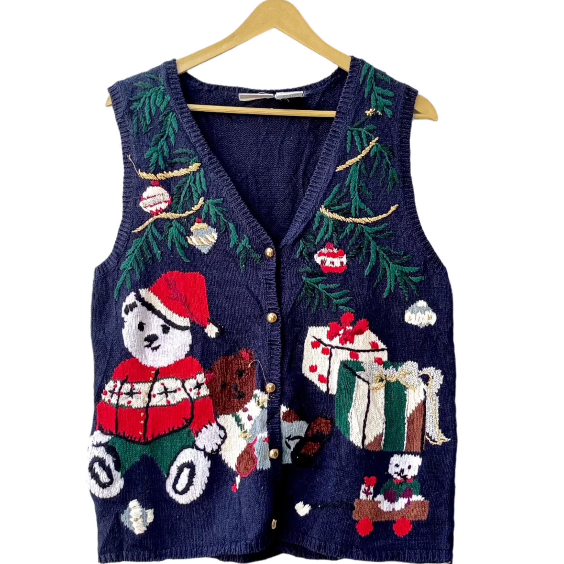 Navy knit festive winter sweater vest for women with Santa bear gifts ornaments and evergreen branches