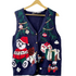 Navy knit festive winter sweater vest for women with Santa bear gifts ornaments and evergreen branches