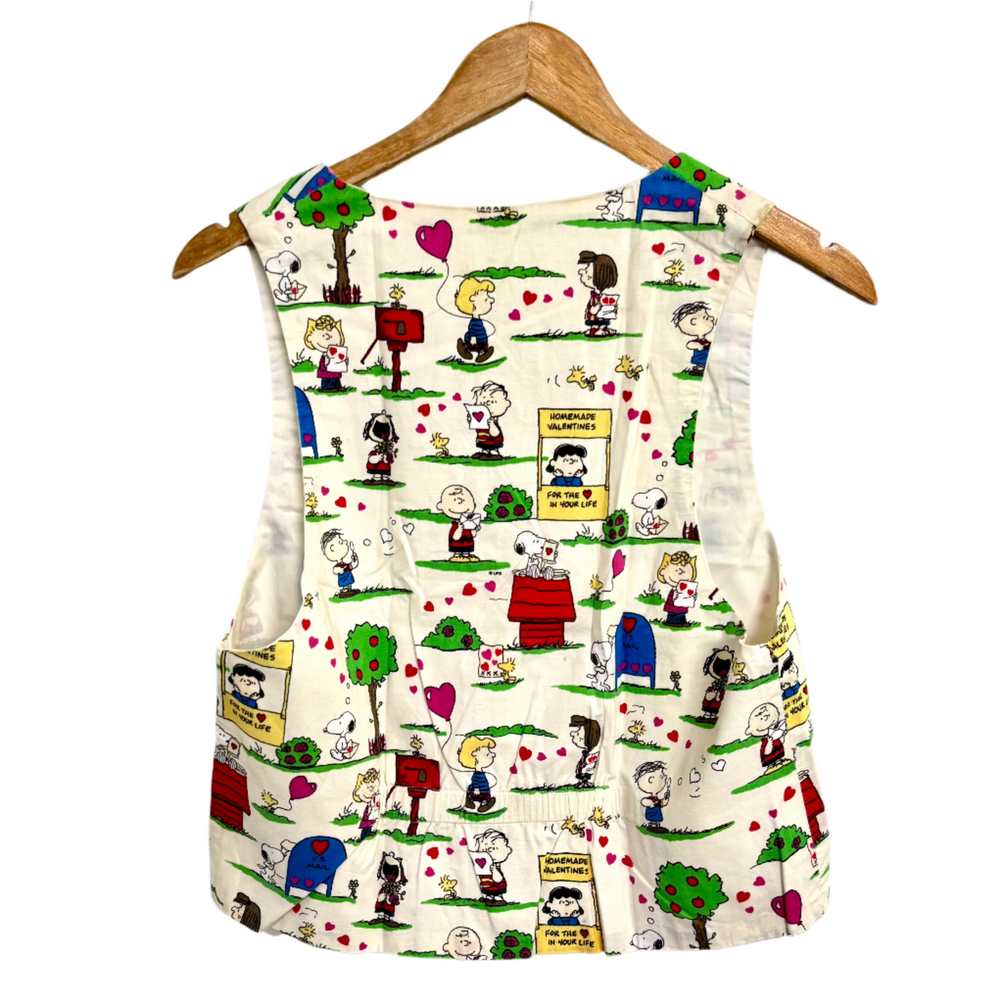 homemade valentines vest back view cream cotton with Peanuts characters Snoopy and Charlie Brown valentines print