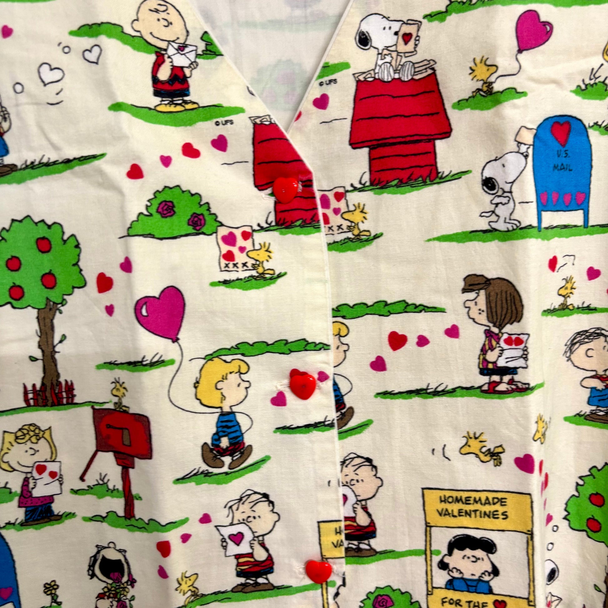Cream Peanuts cartoon vest with Snoopy Charlie Brown red heart buttons and homemade valentines vest label