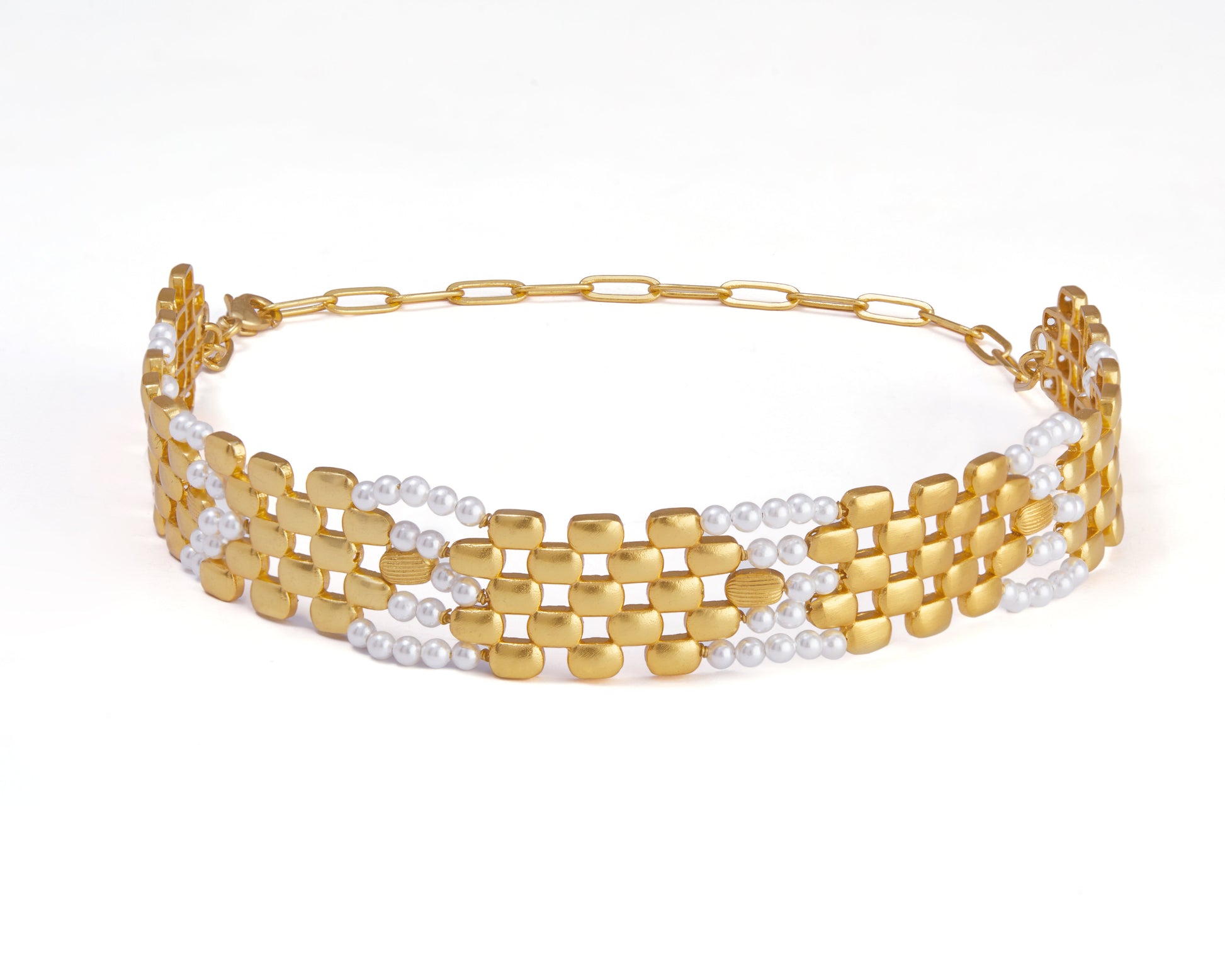 Stylera gold and pearl designer cutout choker for women featuring woven metal panels and beaded strands