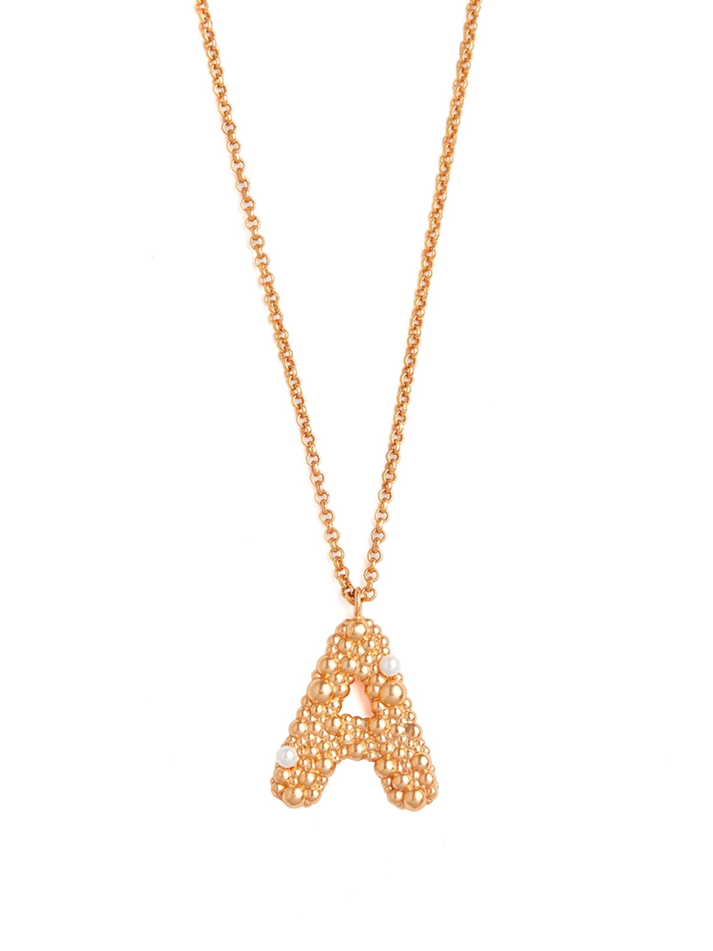 Stylera gold letter A pendant necklace with beaded textured A charm on delicate gold chain