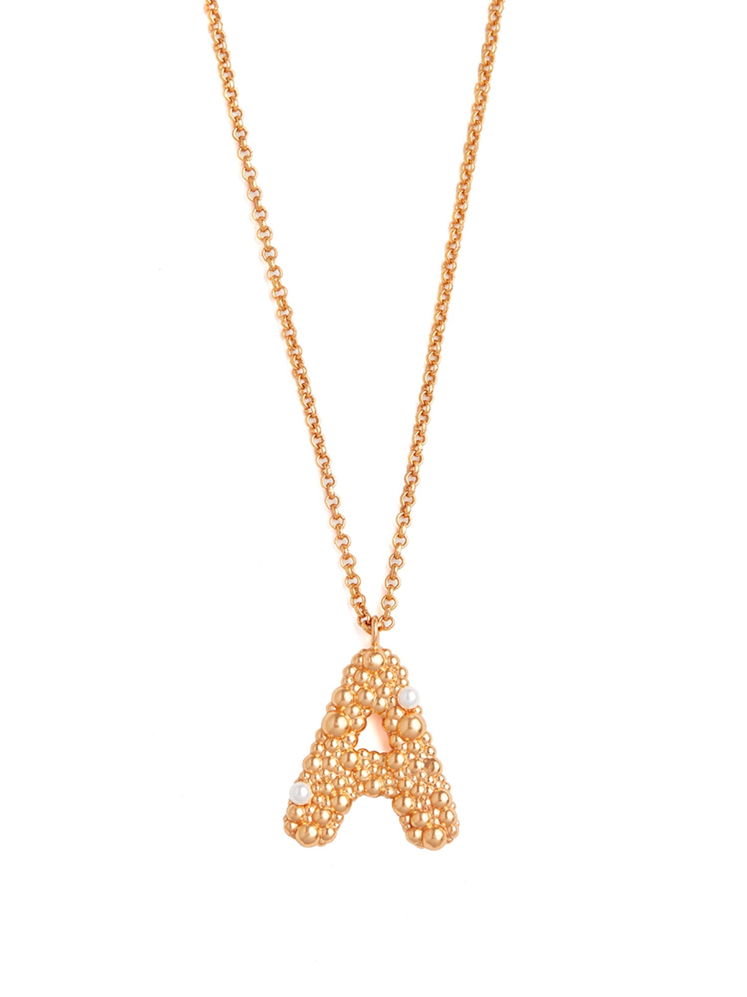 Stylera gold letter A pendant necklace with beaded textured A charm on delicate gold chain