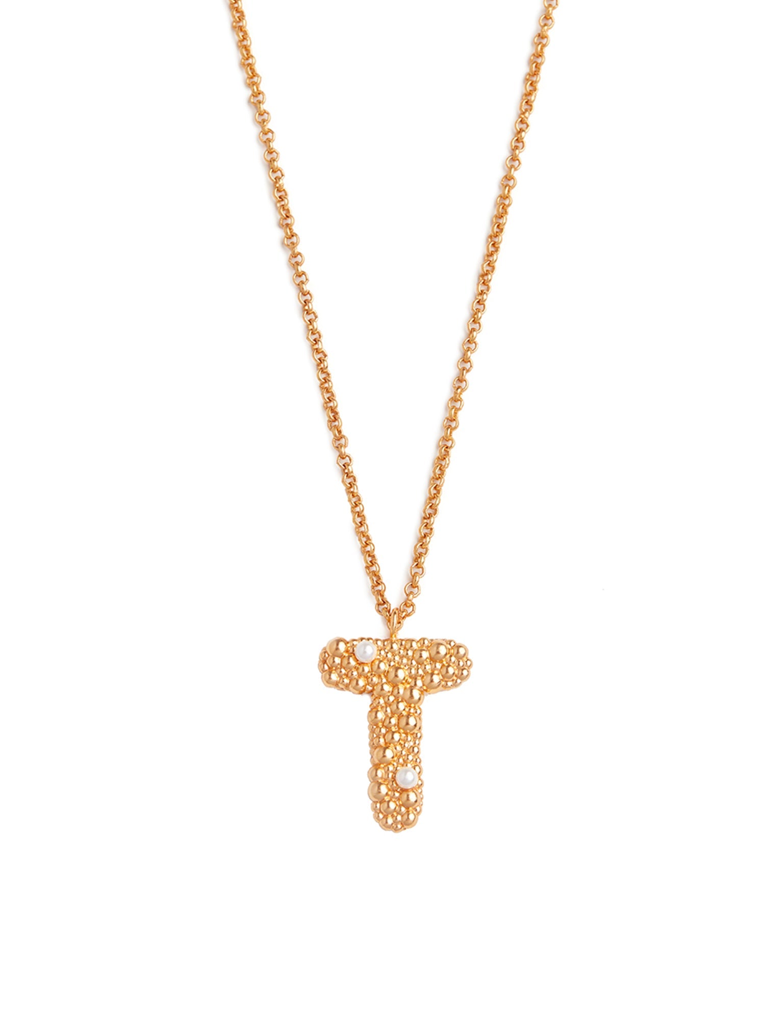 Stylera gold textured letter T pendant necklace with beaded design and small pearl accents on chain