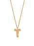 Stylera gold textured letter T pendant necklace with beaded design and small pearl accents on chain
