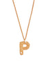 Stylera gold letter P pendant necklace with textured filigree P charm and two small white stones on gold chain