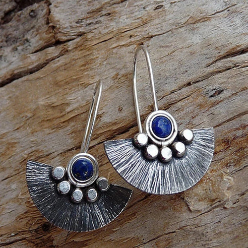 Bohemian Silver Fan Earrings with Lapis Lazuli Stone Accent jlt11601 Just Lil Things