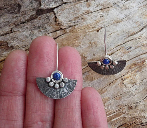 Bohemian Silver Fan Earrings with Lapis Lazuli Stone Accent jlt11601 Just Lil Things