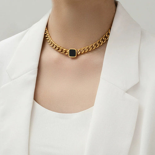 Chunky Cuban Link Necklace with Black Pendant – Bold Statement Jewelry jltn0577 Just Lil Things