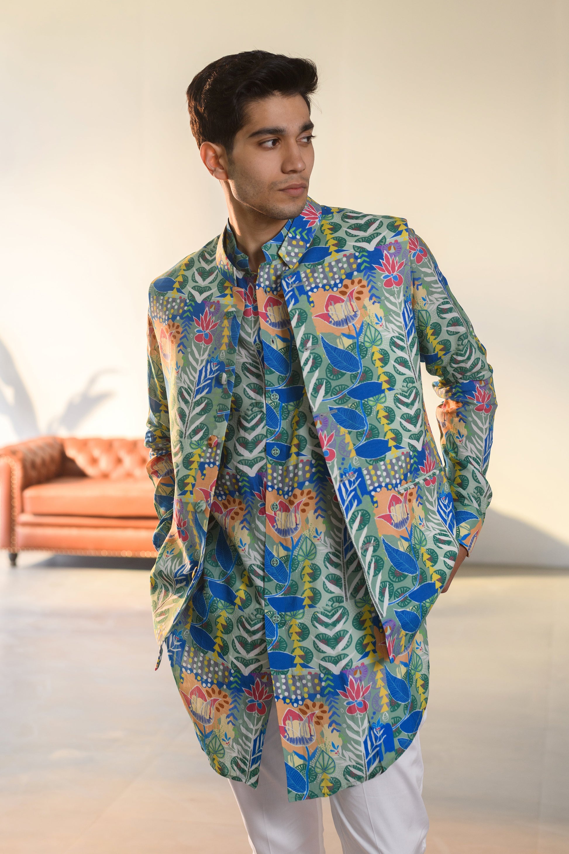 Justina blue floral kurta bandi set featuring vibrant floral prints for a stylish look