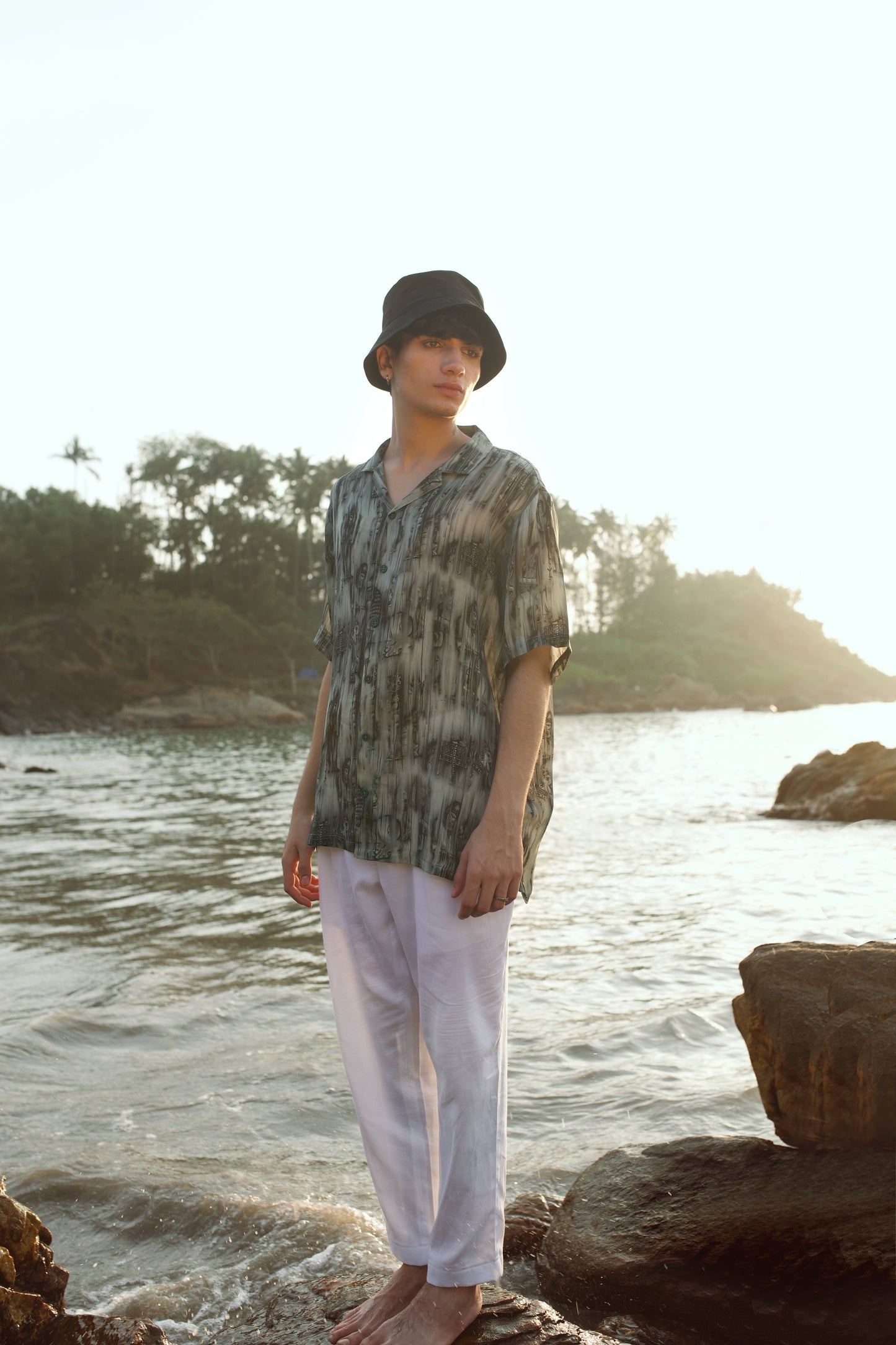 Khajuraho print men’s oversized shirt in natural tones, perfect for a stylish summer beach look