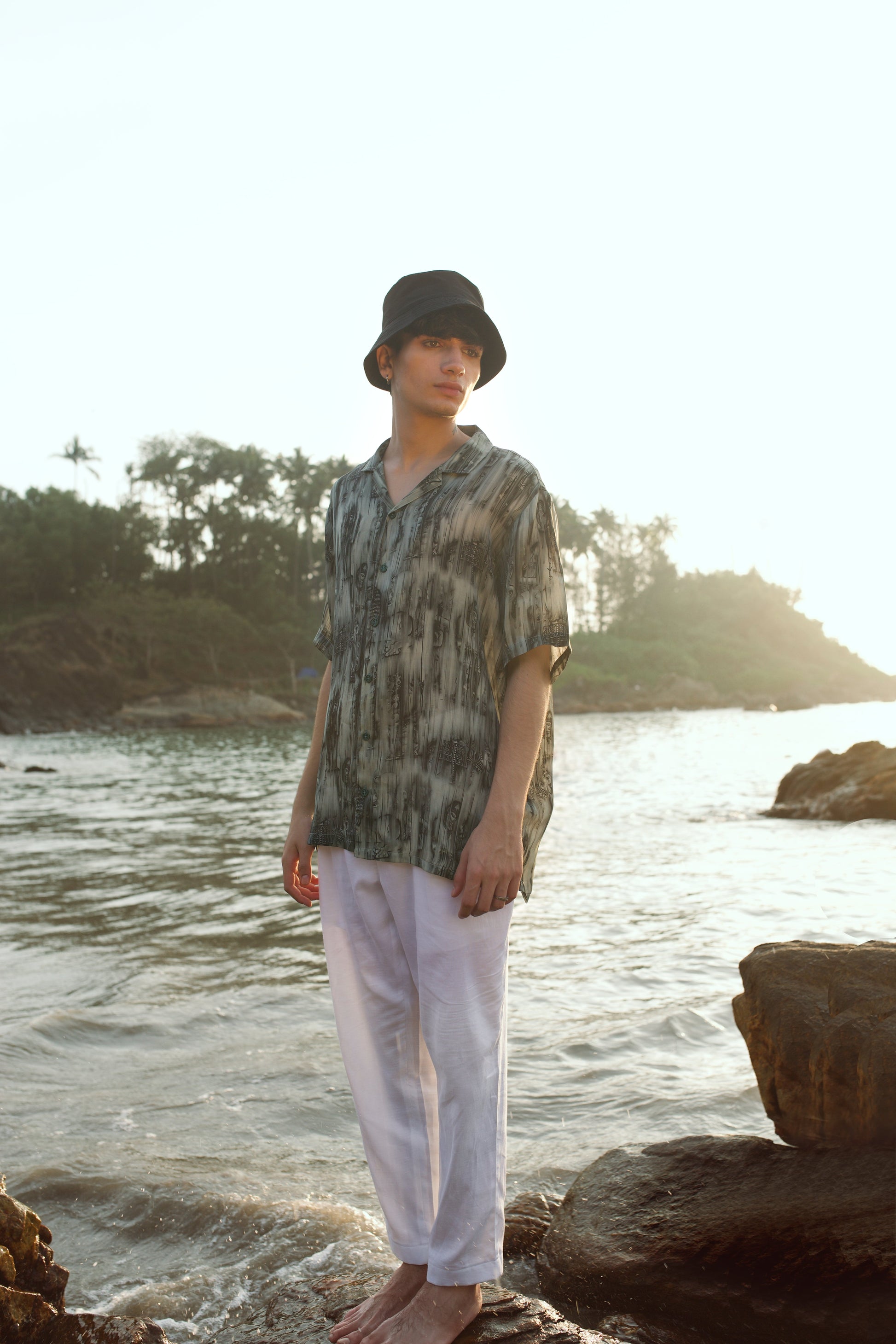 Khajuraho print men’s oversized shirt in natural tones, perfect for a stylish summer beach look