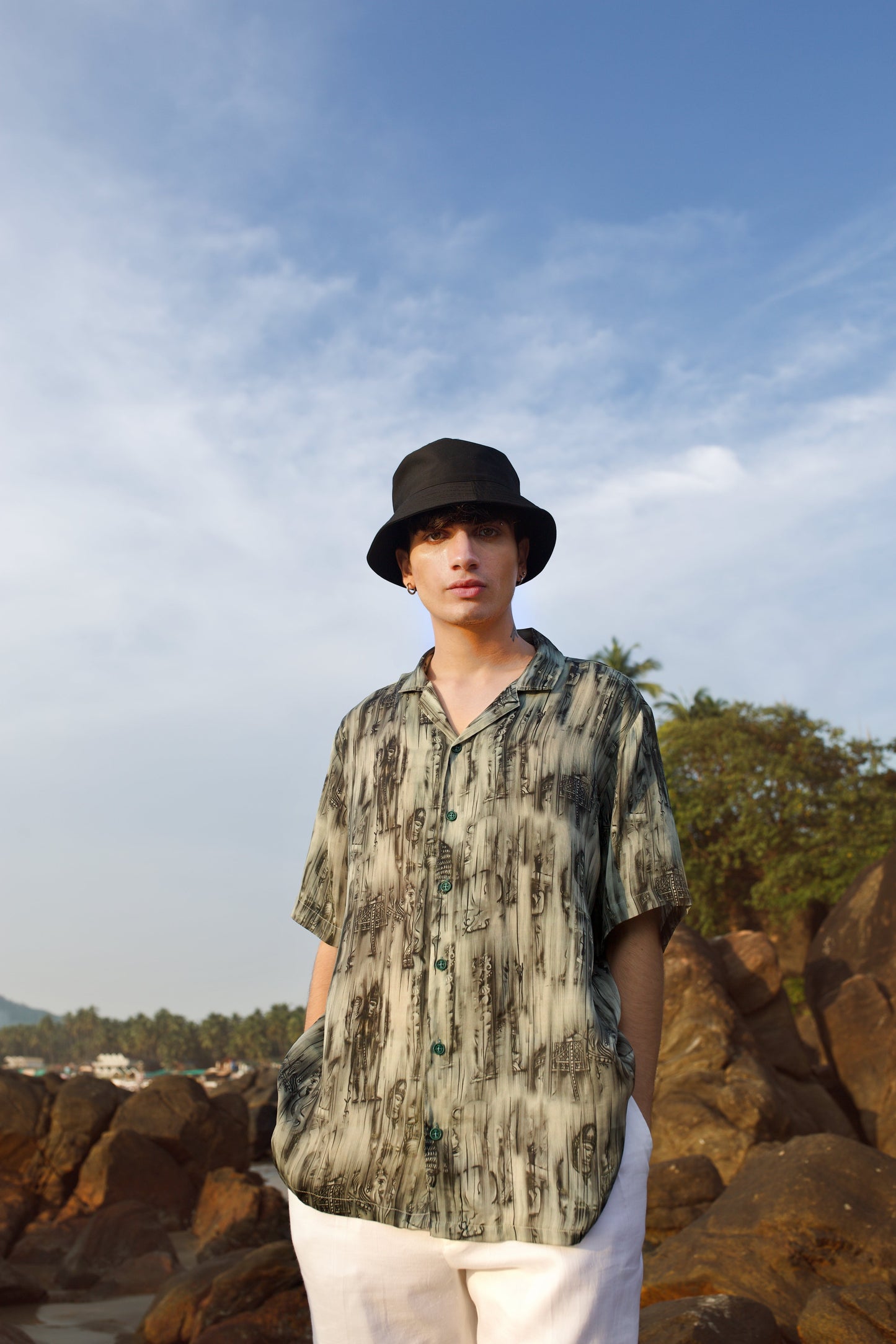 Khajuraho print men’s oversized shirt from Stylera styled for a casual beach look