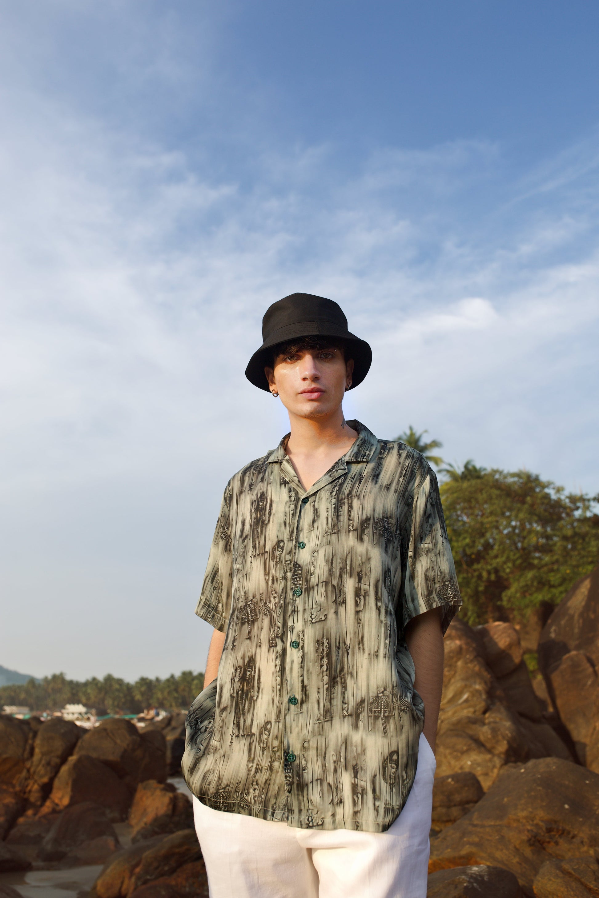 Khajuraho print men’s oversized shirt from Stylera styled for a casual beach look