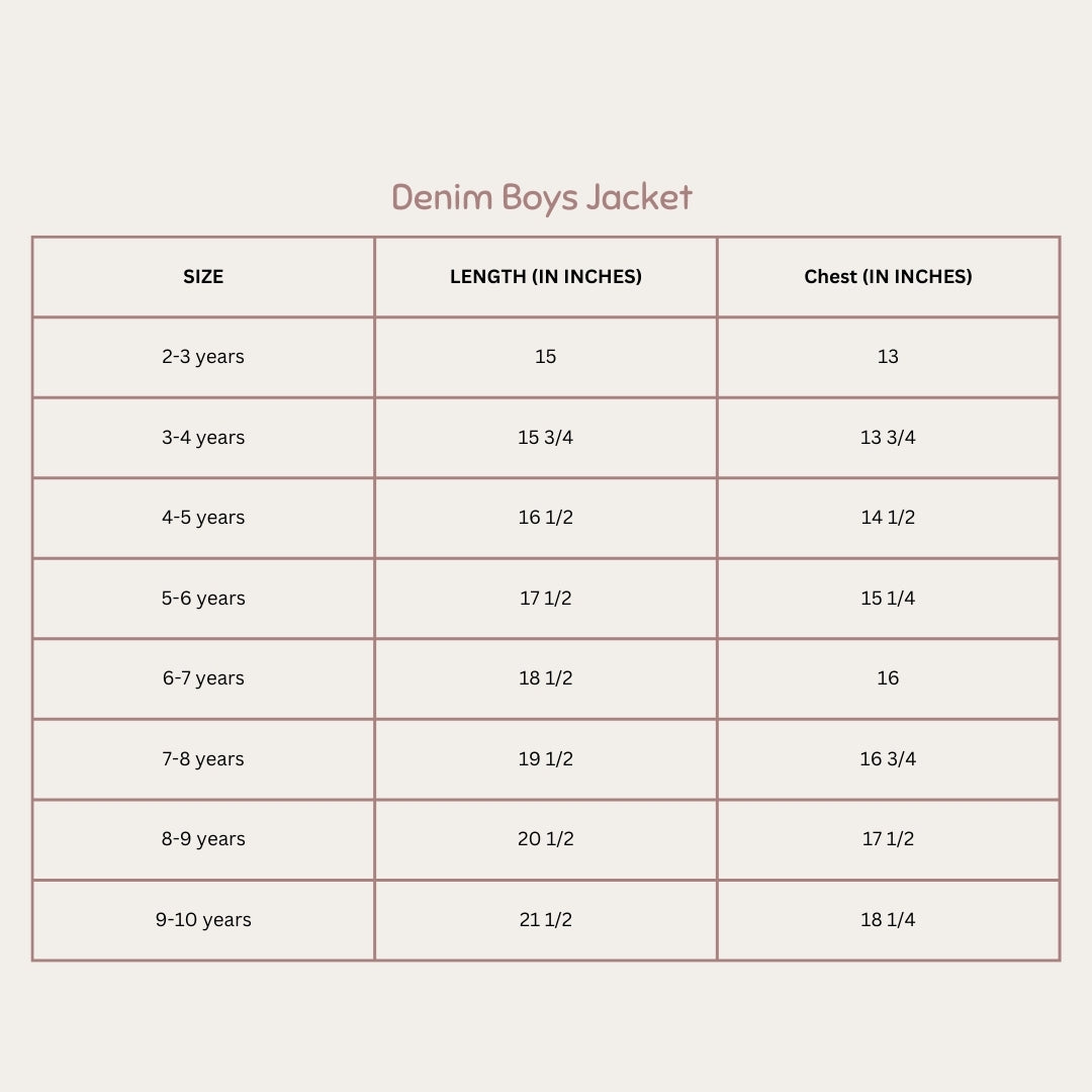 Size chart for kids blue denim jacket showing lengths and chest measurements by age group