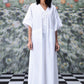 Stylera white floor length dress with V neck lace tie front and pockets lace-up free size kaftan