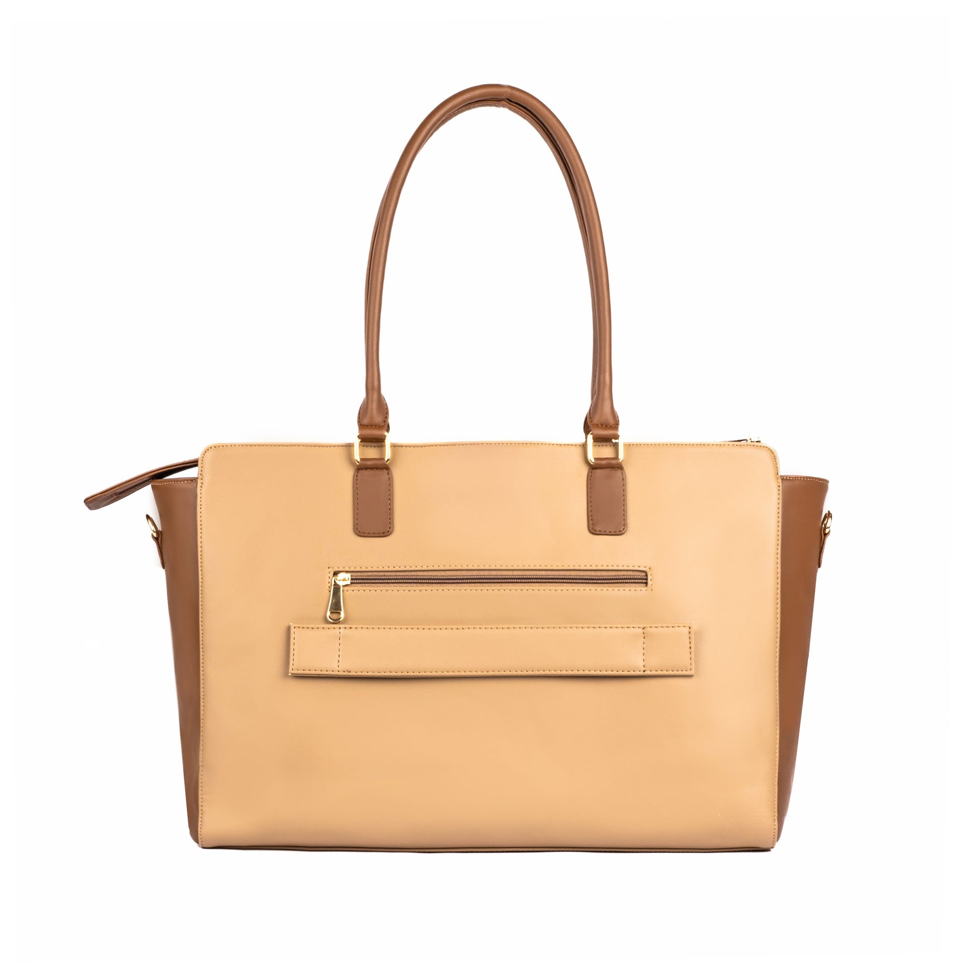 Large tote purse with laptop compartment in beige and brown by Stylera, perfect for everyday use