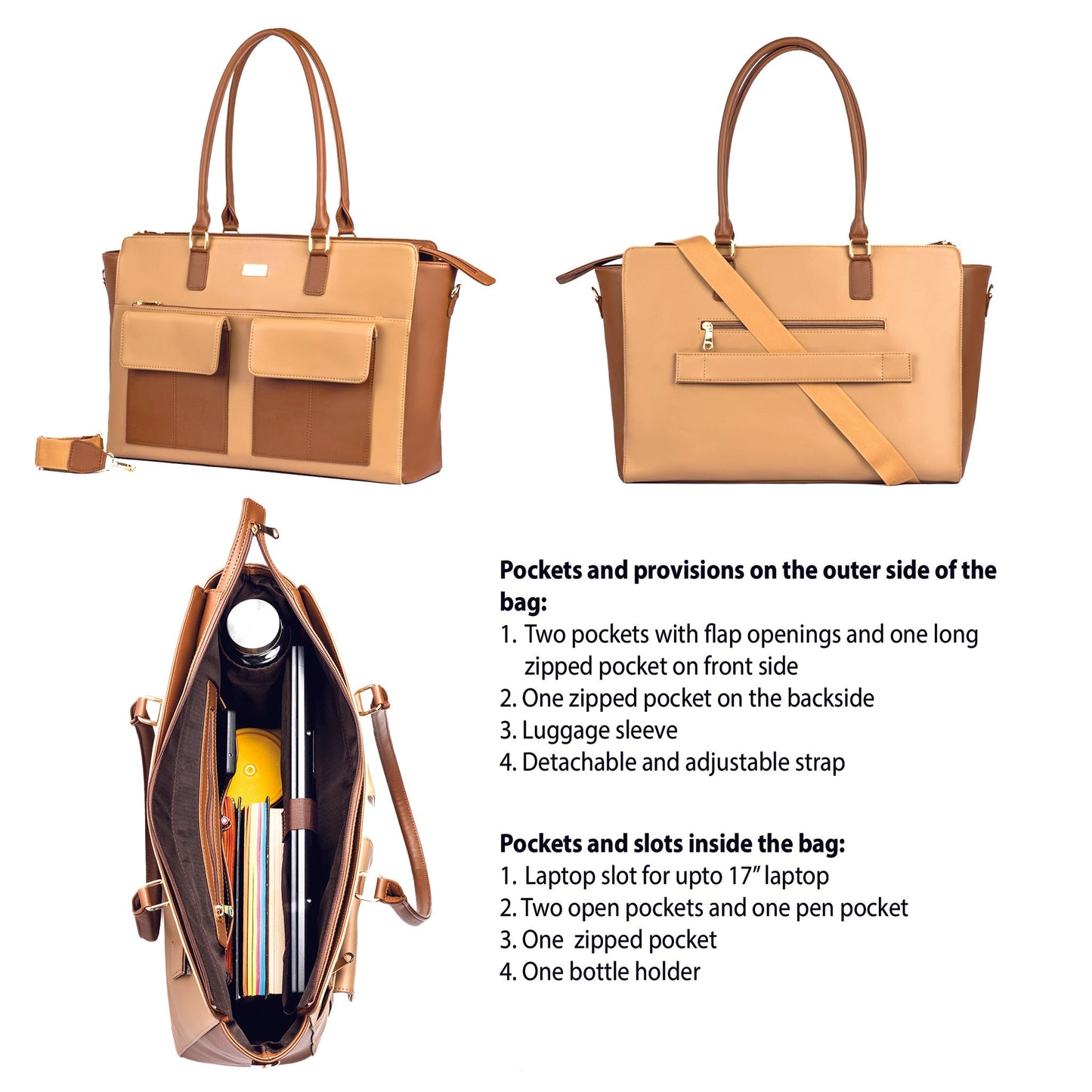 Stylera oversized tote bag in tan with pockets, featuring a large tote purse with laptop compartment