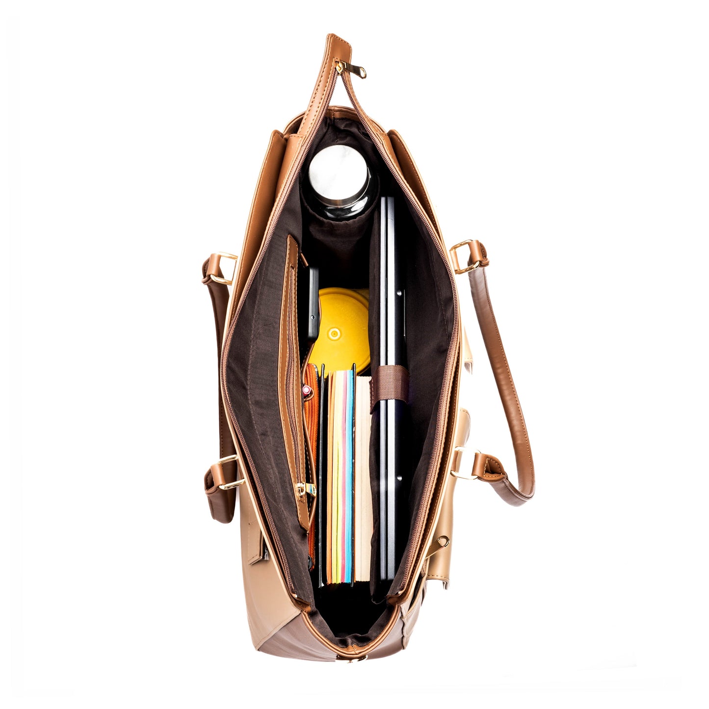 Large tote purse with laptop compartment featuring ample space for books and accessories