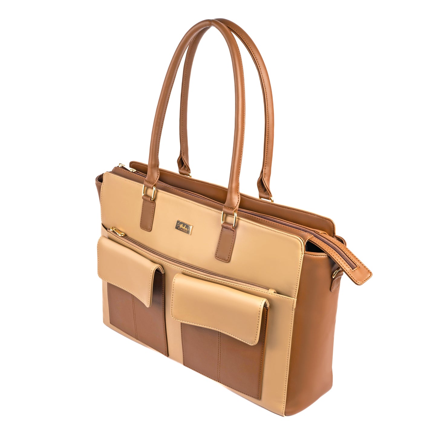 Stylish oversized tote bag featuring a laptop compartment and spacious pockets, ideal for daily use.
