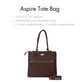 Aspire tote bag in brown featuring leather work tote with zipper and multiple compartments for laptops