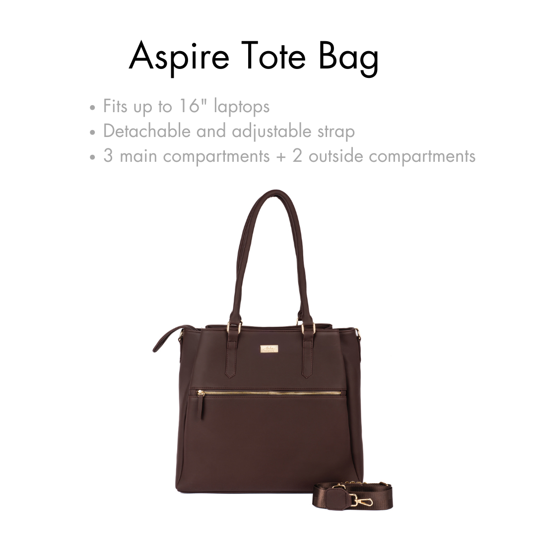 Aspire tote bag in brown featuring leather work tote with zipper and multiple compartments for laptops