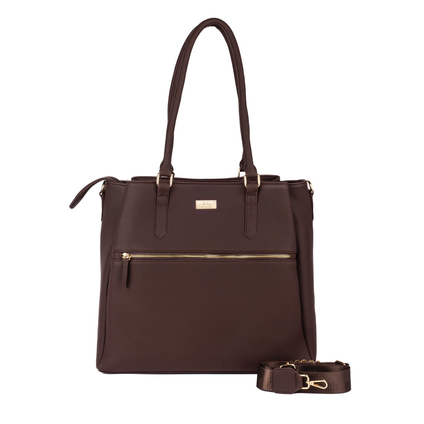 Stylera leather work tote with zipper in dark brown with gold accents and removable strap