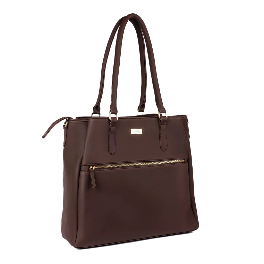 Aspire leather work tote with zipper in brown featuring sturdy straps and stylish design